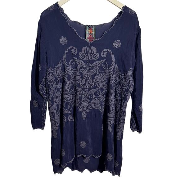 Johnny Was Top Women S Blue Navy Embroidery Tunic 3/4 Sleeve Boho Hand Stitched - Picture 1 of 8